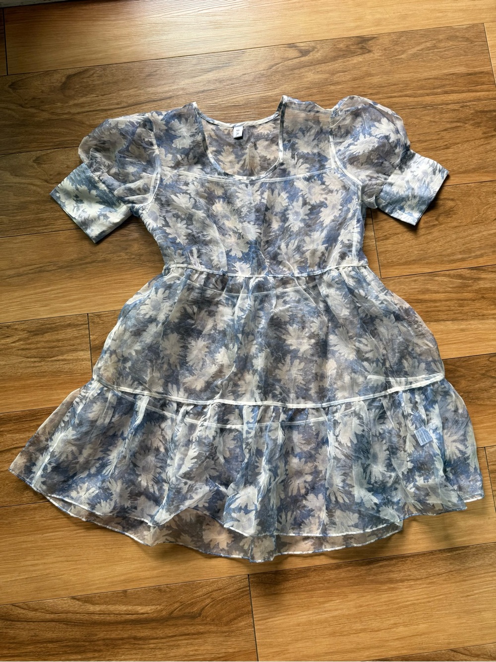 SIR. The Label Anais Blue Floral 100% Silk Puff Sleeve Dress Size 2 Sheer Tiered